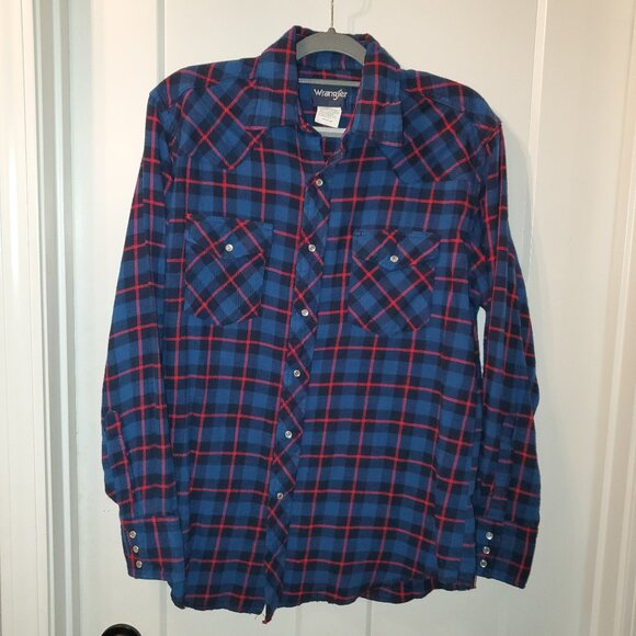 Wrangler Men's Large Pearl Snap Long Sleeve Blue/Red Plaid Flannel Shirt - Picture 1 of 6